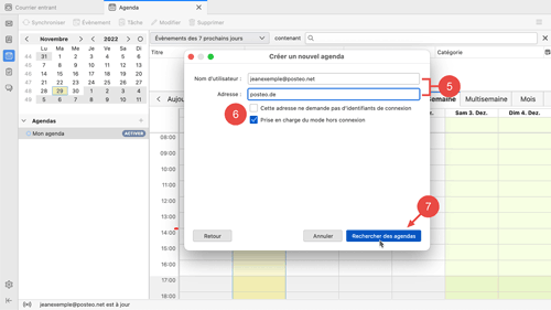 Dans Nom d'utilisateur, entrez votre adresse Posteo et cliquez sur « Rechercher des agendas ».