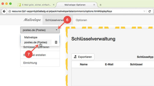 Mailvelope Schlüsselbund exportieren: Schritt 6 bis 7