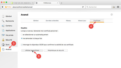 Exporter votre certificat S/MIME depuis Firefox : étapes 3 à 5
