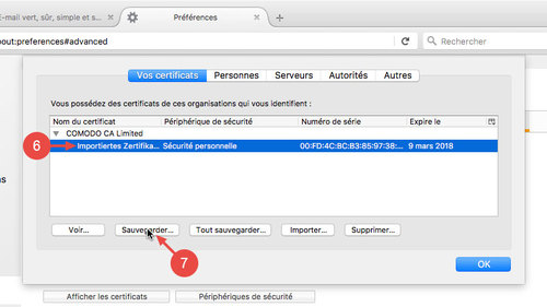 Exporter votre certificat S/MIME depuis Firefox : étapes 6 à 7