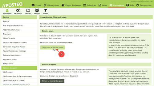 Confirmez en cliquant sur le bouton "Désactiver le dossier spam".