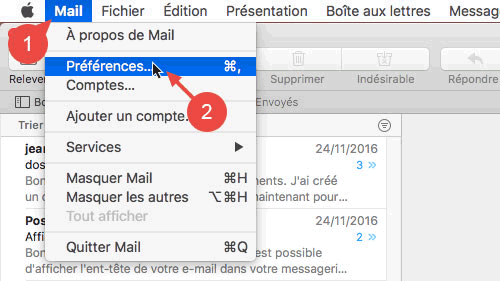 Dans Apple Mail, cliquez dans la barre de menu sur « Mail » puis sur « Préférences ».