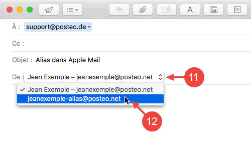 Sélectionnez votre alias comme expéditeur dans l'éditeur d'e-mail Apple Mail via le menu déroulant à côté de « De ».