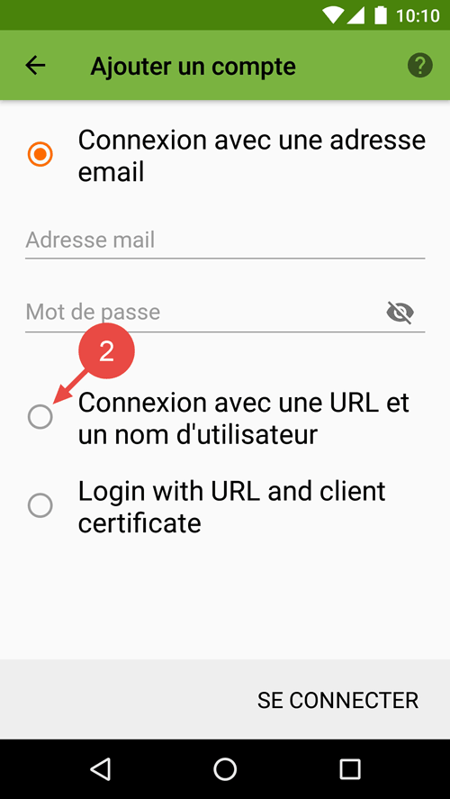 Sélectionnez « Connexion avec une URL et un nom d'utilisteur ».