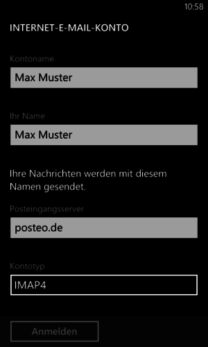 Tragen Sie bitte einen Kontonamen und Ihren Namen ein. Bei "Posteingangsserver" tragen Sie bitte "posteo.de" ein. Als Kontotyp wählen Sie  "IMAP4" aus.