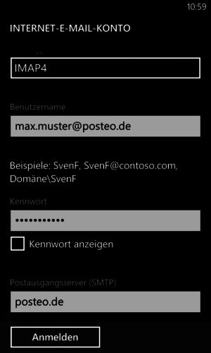 Im Feld "Benutzername" tragen Sie bitte Ihre gesamte E-Mailadresse ein, im Feld darunter Ihr Passwort. Für den "Postausgangserver (SMTP)" tragen Sie  ebenfalls "posteo.de" ein.