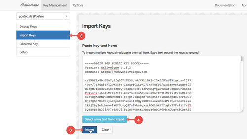 Import a key pair to Mailvelope: Step 3 to 6