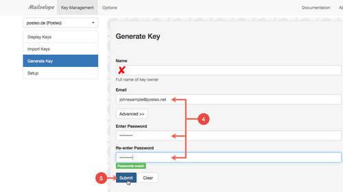 How to generate key pair in Mailvelope: Step 4 to 5