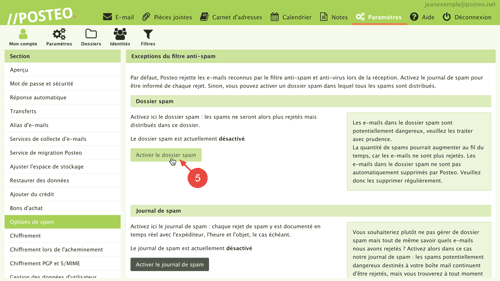 Confirmez en cliquant sur le bouton "Activer le dossier spam".