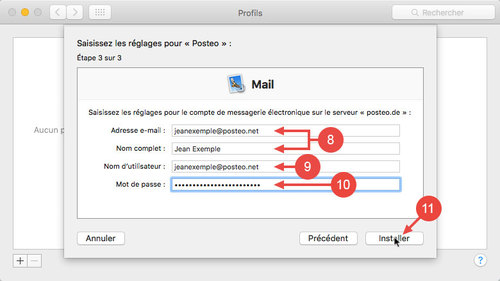 \tInstaller le profil Posteo dans Mac OS X : étapes 8 à 11