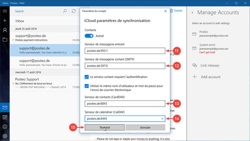 Configurer vos contacts et calendriers Posteo dans Windows 10 : étapes 11 à 15