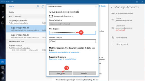 Configurer vos contacts et calendriers Posteo dans Windows 10 : étapes 18 à 19