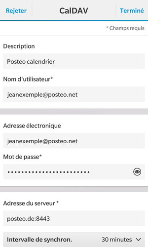 Entrez votre adresse e-mail dans les champs « Nom d'utilisateur » et « Adresse électronique ». Dans « Mot de passe », entrez votre mot de passe. L'adresse du serveur est « posteo.de:8843 ». Choisissez l'intervalle de synchronisation, tapez sur« Terminé ».
