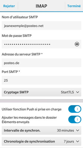 Dans « Nom d'utilisateur SMTP », entrez votre adresse e-mail. Dans « Mot de passe SMTP », entrez votre mot de passe. L'adresse du serveur SMTP est « posteo.de », le port SMTP : 25. Dans « cryptage SMTP », choisissez « STARTTLS ». Tapez sur « Terminé ».