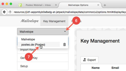 Export and import your key chain from Mailvelope: Step 6 to 7