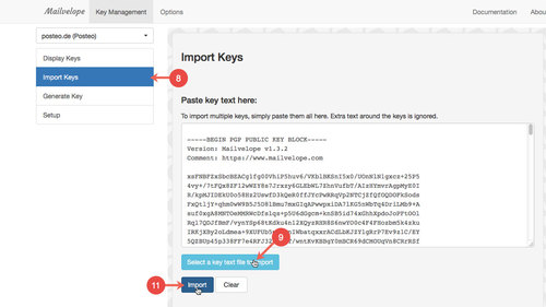 Export and import your key chain from Mailvelope: Step 8 to 11