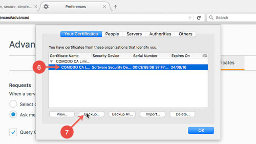 Export S/MIME certificates in Firefox: step 6 to 7