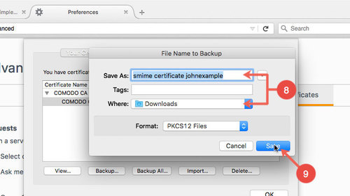 Export S/MIME certificates in Firefox: step 8 to 9