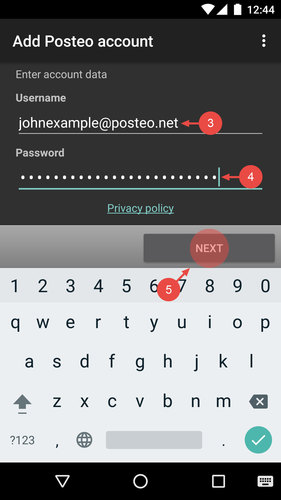 Enter your Posteo email address and password. Tap on "Next".