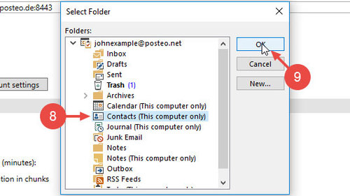 Select your Outlook contacts directory and confirm by clicking "Ok"