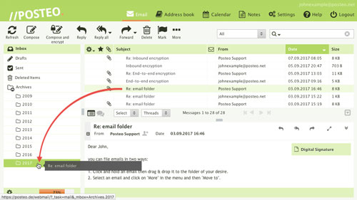 Posteo webmail: Moving emails into folders via drag & drop