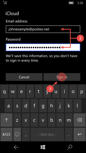 Enter your Posteo email address, a sender and your Posteo password and tap "Sign in"