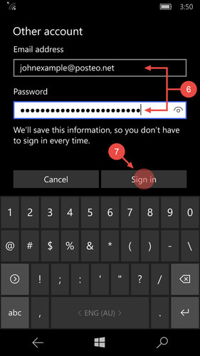 Enter your Posteo email address and password and tap "Sign in"
