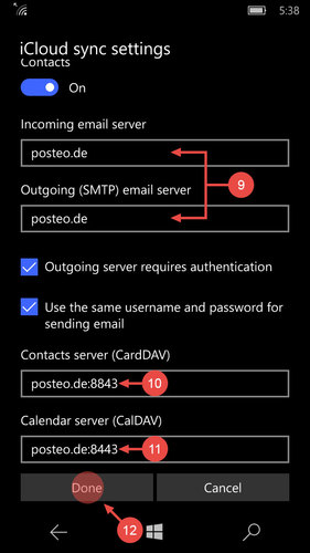 Change the incoming and outgoing servers to "posteo.de", the contacts server to "posteo.de:8843" and the calendar server to "posteo.de:8443". Confirm by tapping "Done".