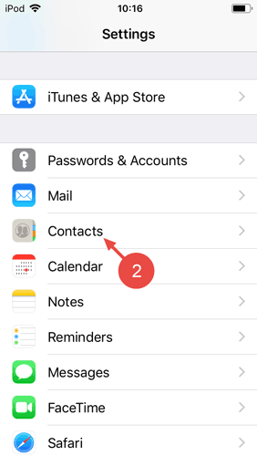 In the iOS Settings, click on "Contacts".
