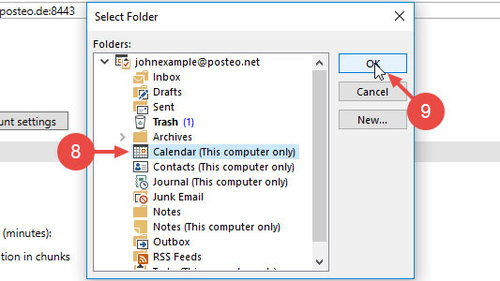 Select your Outlook calendar and confirm by clicking "Ok"