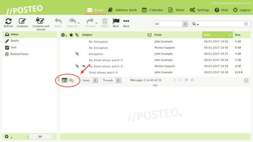 Posteo webmail interface: Buttons to switch between list and conversation view