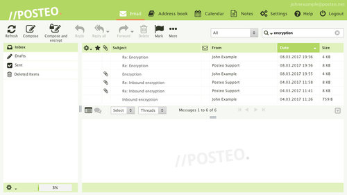 Posteo webmail interface: List view