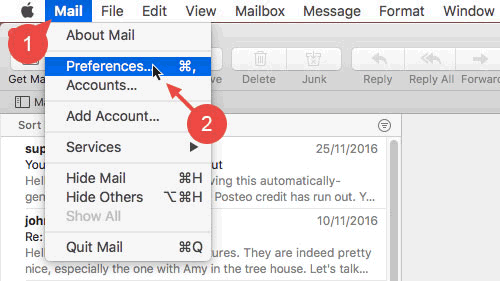 From the the menu in Apple Mail, click on "Mail" and select "Preferences".