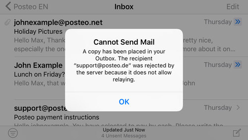Error message for incorrect or missing username for the SMTP server in iOS 9