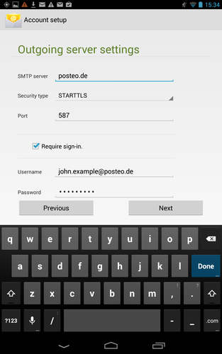 Enter the outgoing server settings, and tap "Next"