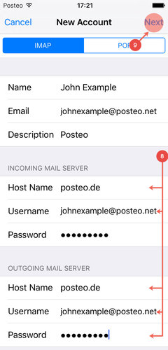 Fill in "posteo.de" as "Host Name" and your Posteo Email address as "Username".