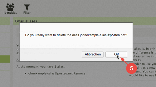 Confirm that you want to delete the alias by clicking "Ok".