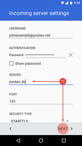 Change the incoming server address to "posteo.de" and click "Next"