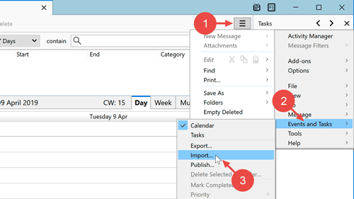 Via the sandwich button, open the menu "Events and Tasks". From there, click on "Import".