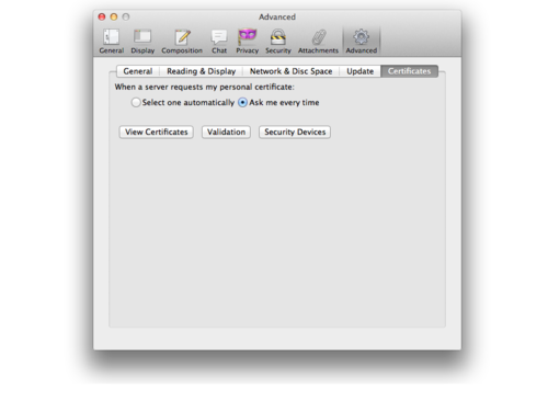 Open the “Settings” of Thunderbird. Click “Advanced”, then “Certificates” and then the “Certificates” button. 