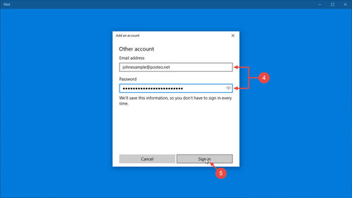 Setting up Windows 10 Mail: Steps 4 and 5