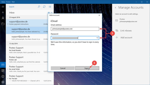   Setting up Posteo Contacts and Calendar in Windows 10: Steps 5 and 6