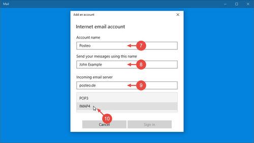 Enter an account name and a sender name. For "Incoming email server", enter "posteo.de". For the account type, select "IMAP4".