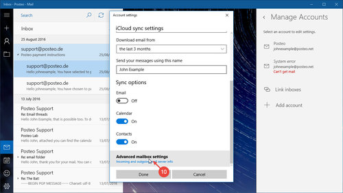   Setting up Posteo Contacts and Calendar in Windows 10: Step 10