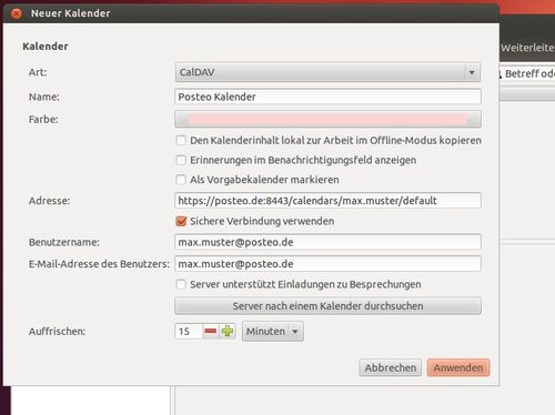 Geben Sie die Adresse des CalDAV-Servers nach folgendem Muster ein "https://posteo.de:8443/calendars/max.muster/default" und tragen als Benutzernamen Ihre Posteo-Adresse ein.
