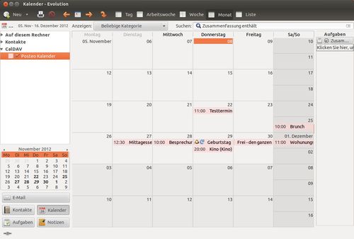 Nun können Sie im Bereich "Kalender" von Evolution den CalDAV-Kalender aufrufen, Ihre vorhandenen Termine sehen und neue Termine eintragen.