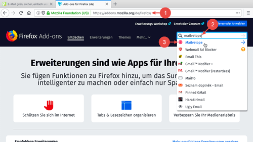Öffnen Sie die Firefox Add-ons-Seite, geben Sie im Feld "Add-ons suchen" den Namen eines Add-ons ein und klicken Sie in der Vorschlagsliste auf das gewünschte Add-on.
