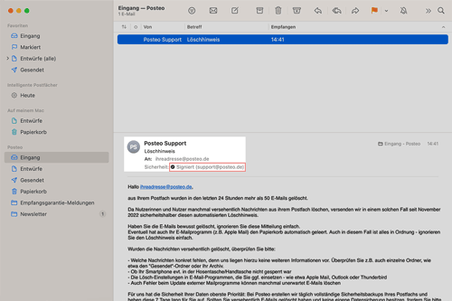 Überprüfung: Die E-Mail enthält eine digitale Unterschrift.