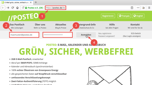 Geben Sie auf "posteo.de" Ihre Posteo-E-Mail-Adresse und Ihr Posteo-Passwort ein und klicken Sie auf "Anmelden".