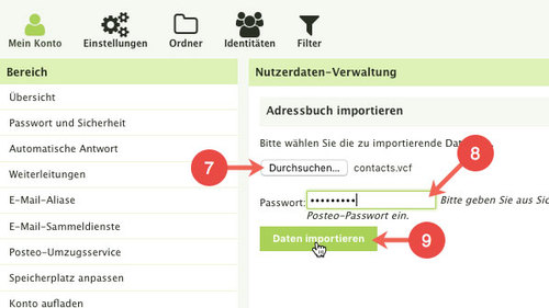 Posteo-Adressbuch zurücksetzen: Schritt 7 bis 9